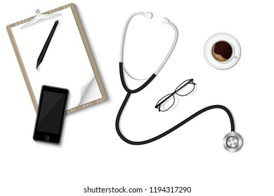 Health checkup concept, Doctor's desktop workspace with stethoscope and equipment.