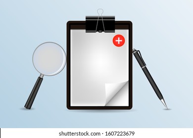 Health checkup concept, Doctor's desktop workspace with stethoscope and equipment. vector