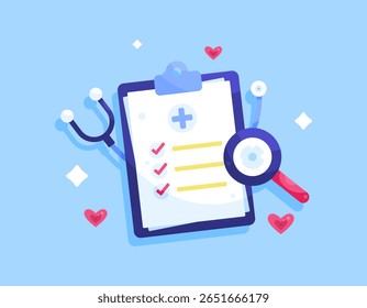 Um conceito de exame médico. Exame médico e diagnóstico. Ilustração de uma área de transferência com documentos de relatório de integridade, lupa, estetoscópio. Design de estilo plano. Elementos do ativo. Fundo azul