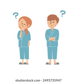 Health checkup Cute illustration of a man and woman wearing examination clothes and worrying