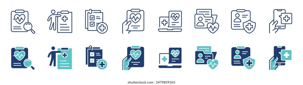 health check-up diagnosis report icon vector set medical document record information health prescription signs illustration for web and app