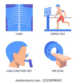 Health check-up flat icon set. X-ray image, exercise stress test, lung function test, MRI scanner symbols. Vector illustration