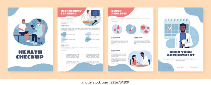 Health checkup flat vector brochure template. Booklet, leaflet printable flat color designs. Editable magazine page, reports kit with text space. Sigmar One, Balsamiq Sans, Comfortaa fonts used