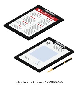 Health checkup healthcare concept. Health check and Rx prescription form on clipboard, pen isolated on white background. Isometric view. Vector