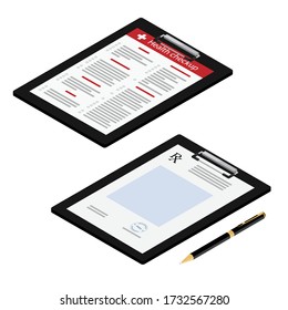 Health checkup healthcare concept. Health check and Rx prescription form on clipboard, pen isolated on white background. Isometric view. Vector