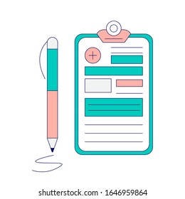  Health checkup healthcare concept. Medical form, report. Clipboard with cross, pen. Informed consent, prescription, claim form, health insurance, clinical record concepts. Modern flat design.