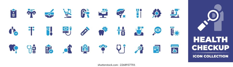 Sammlung von Gesundheits-Checkup-Symbolen. Duotonfarbe. Vektorgrafik. Mit Zwischenablage, Pappabstrich, Pappe, Zahnstuhl, Hörtest, Röntgenuntersuchung, Hepatitis, Test, Forschung, Spaltlampe, Lunge, Filtern.