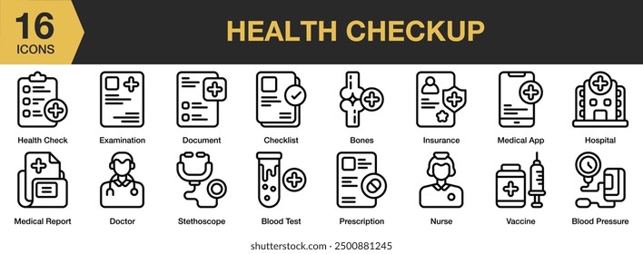 Health Checkup icon set. Includes blood pressure, blood test, bones, doctor, hospital, insurance, and More. Outline icons vector collection.