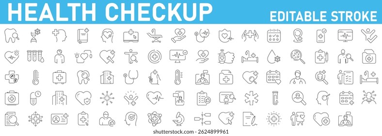 A health checkup icon set includes editable stroke medical, hospital, doctor, nurse, heart, stethoscope, and healthcare symbols for digital and print use