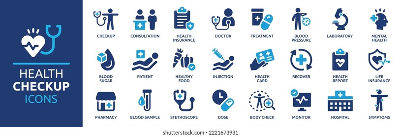 Health checkup icon set. Medical care service symbol collection. Vector illustration. - Shutterstock ID 2221673931