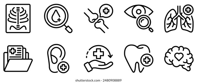 Health Checkup Icon Setzen Sie eine präzise Linienart Kollektion für Wellness