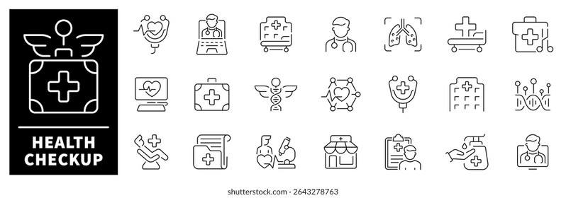 Ícone de verificação de integridade definido. Ícones de linha fina definidos relacionados à verificação de saúde e assistência médica. Ícones da Web da verificação de integridade no estilo de linha. 