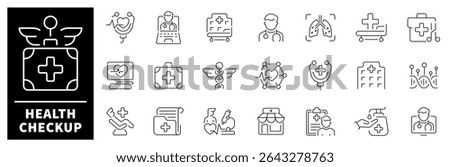 Health checkup icon set. Thin line icons set related to health checkup and health care. Health checkup web icons in line style. 