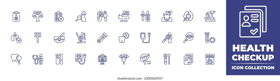 Health checkup line icon collection. Editable stroke. Vector illustration. Containing clipboard, pap smear, medical report, pregnancy, hearing test, x ray, ear dropper, drill, research, slit lamp.