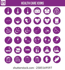 Health Checkup Line Icon Set – Comprehensive Medical Care and Patient Diagnosis Icon Collection - Editable Stroke Design purple color.eps