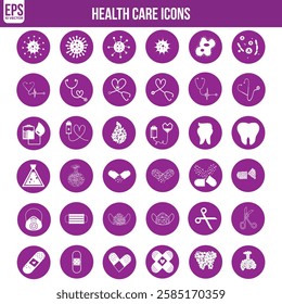 Health Checkup Line Icon Set – Comprehensive Medical Care and Patient Diagnosis Icon Collection - Editable Stroke Design purple color flie 3.eps