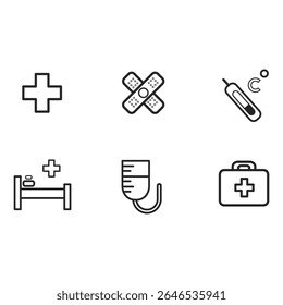 Conjunto de ícones de linha de verificação de integridade. Coleção de símbolos delineados de cuidados médicos, ícones de diagnóstico e tratamento de pacientes. Ilustração editável do vetor de traçado no plano de fundo branco.