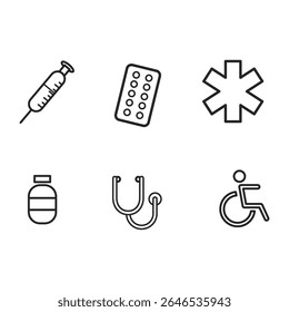 Conjunto de ícones de linha de verificação de integridade. Coleção de símbolos delineados de cuidados médicos, ícones de diagnóstico e tratamento de pacientes. Ilustração editável do vetor de traçado no plano de fundo branco.