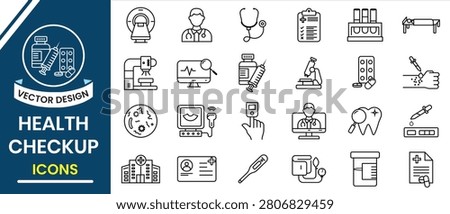 Health checkup line icon set. Outline icon of health care, blood pressure, checkup list, doctor consult, glucose meter, health report, diagnosis, thermometer, hospital, health insurance, stethoscope.