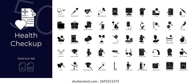 Conjunto de ícones editáveis sólidos do Health Checkup.