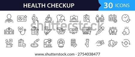 Health checkup Web Icon Set in Linear Style. Collection of medical check up, line icons, including healthcare, diagnosis, hospital, stethoscope, tests, health insurance, patient. Editable stroke