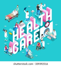 Health Clinic Care Concept. Day Hospital Staff Doctor Nurse Patient Treatment Isometric Hero People Icon. Medical Worker Diagnostic Emergency Surgery Vector Healthcare Medicine Infographic Images