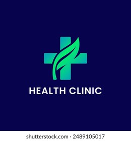 Health Clinic Natural Pharmacy vector logo design template. visual combination of medical cross and gradient colored leaf