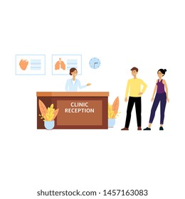 Health clinic reception front desk, female cartoon receptionist welcomes man and woman to hospital. Young people at doctor's office for medicine and medical advice, isolated flat vector illustration