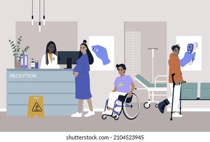 A health clinic reception, people waiting for their appointments, seats and posters on the wall, a health care concept, an annual checkup