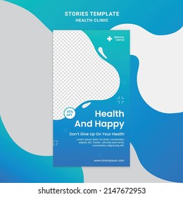 Health Clinic Social Media Story Frame Set Background Template With Green And Blue Simple Elegant Modern Style. Design Backgrounds For Social Media. Vector Illustration