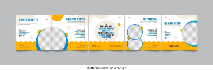 Plantilla de diseño de carrusel para entrenador de salud instagram, modelo de diseño de carrusel de medios sociales para fitness, wellness, salud mental, ilustración de vector eps