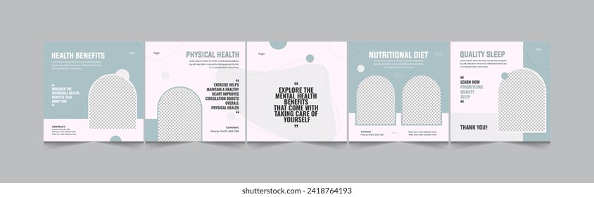 Health coach instagram carousel template, Social media carousel design template for fitness, wellness, mental health, eps vector illustration