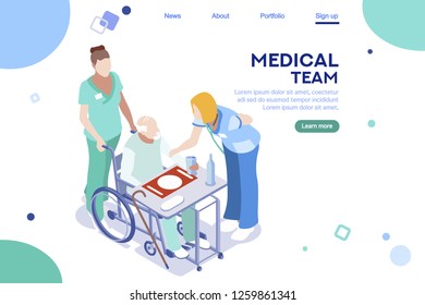 Health collection. Clinic center, hospital interface. Healthcare, modern doctor team. Medical app. Team career web banner. Flat isometric illustration isolated on white background.