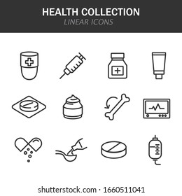 Health collection linear icons in black on a white background