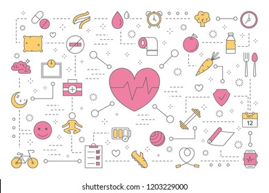 Health concept. Idea of medical treatment and healthy lifestyle. Doctor consultation and fresh food eating, doing fitness exercise. Set of colorful line icons. Isolated flat vector illustration