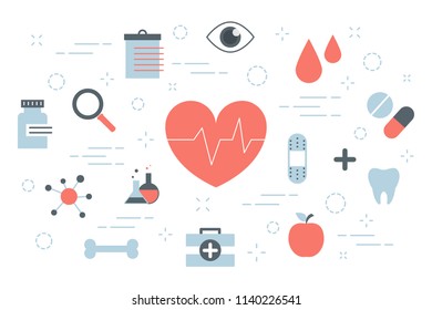 Health concept. Idea of medicine and healthcare. Set of health and medical icons. Isolated flat vector illustration