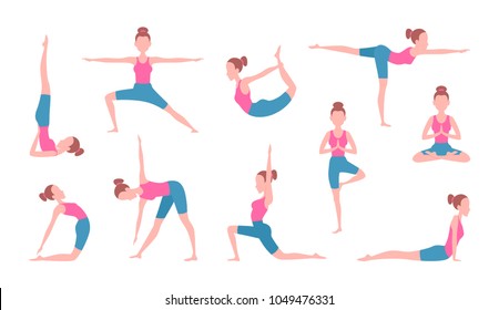 Health concept pictures of female making yoga. Fitness exercises. Body position yoga, asana and stretching relax. Vector illustration