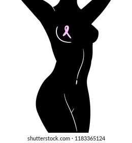 Health concept. Woman Pink Breast Cancer Awareness. Female Flat Vector Illustration Body. Breast Cancer October Awareness Month Campaign Background with ribbon symbol