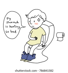 Health Condition Concept With Little Boy Suffering From Diarrhea. Sick Boy With Tummy Trouble Sitting On Toilet Bowl. He Has A Stomachache. Vector Illustration With Hand-drawn Style.