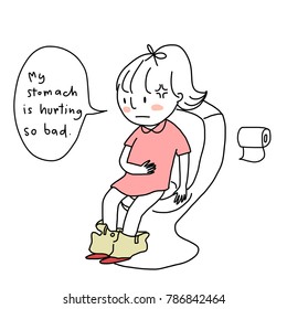 Health Condition Concept With Little Girl Suffering From Diarrhea. Sick Girl With Tummy Trouble Sitting On Toilet Bowl. She Has A Stomachache. Vector Illustration With Hand-drawn Style.