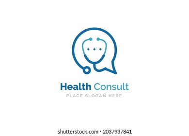 Health Consult Logo Design Template. Stethoscope Isolated On Bubble Chat Symbol