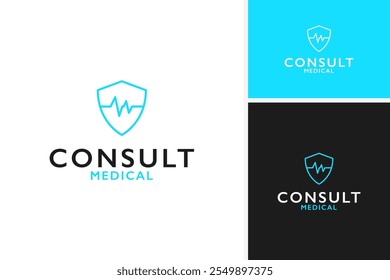 Health consult logo with pulse and shield icon template vector illustration