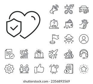 Health coverage sign. Salaryman, gender equality and alert bell outline icons. Life insurance line icon. Protection policy symbol. Life insurance line sign. Spy or profile placeholder icon. Vector