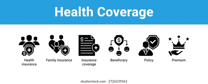 Web Concepto de Ilustración vectorial de ícono de Anuncio de cobertura de salud, con ícono de seguro de salud, seguro familiar, cobertura de seguro, beneficiario.