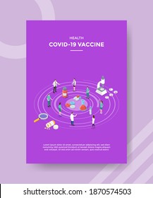 health covid 19 vaccine people doctor scientist standing around drug microscope bottle syringe for template flyer and print banner cover isometric 3d flat style vector design illustration