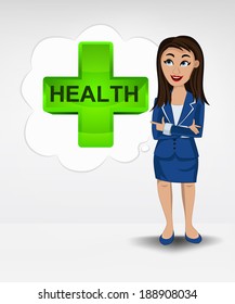 health cross in bubble idea concept of woman in suit vector illustration