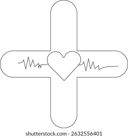  Health Cross Icon: A graphic representation of a cross symbolizes medical health, with a heart and heartbeat rhythm incorporated. This clean design represents wellness, care and medical assistance.