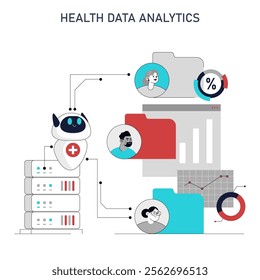 Health Data Analytics concept. A robot processes medical information, showcasing patient data analysis and electronic health technology. Vector illustration.