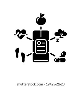 Health Data Collection Black Glyph Icon. Healthcare Application. Activity Trackers. Biometric Scanners. Improving Diet And Workouts. Silhouette Symbol On White Space. Vector Isolated Illustration