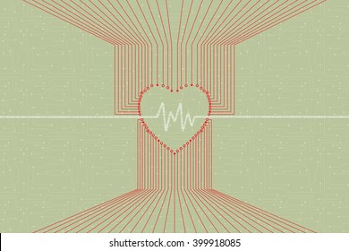 Health data information concept with electronic circuit print in shape of heart rate and flow of digital data.
